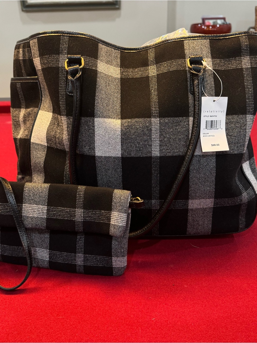 Relativity Brand Plaid Black & Gray Tote with Matching Clutch - Women Bags